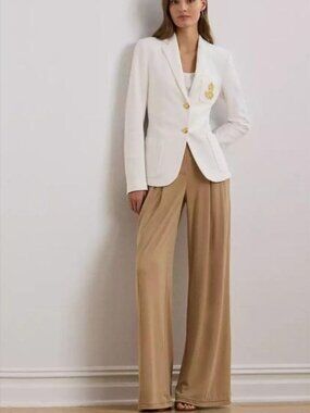 $145 Lauren Ralph Lauren Pleated Stretch Jersey Wide-Leg Pants Tan Size 12